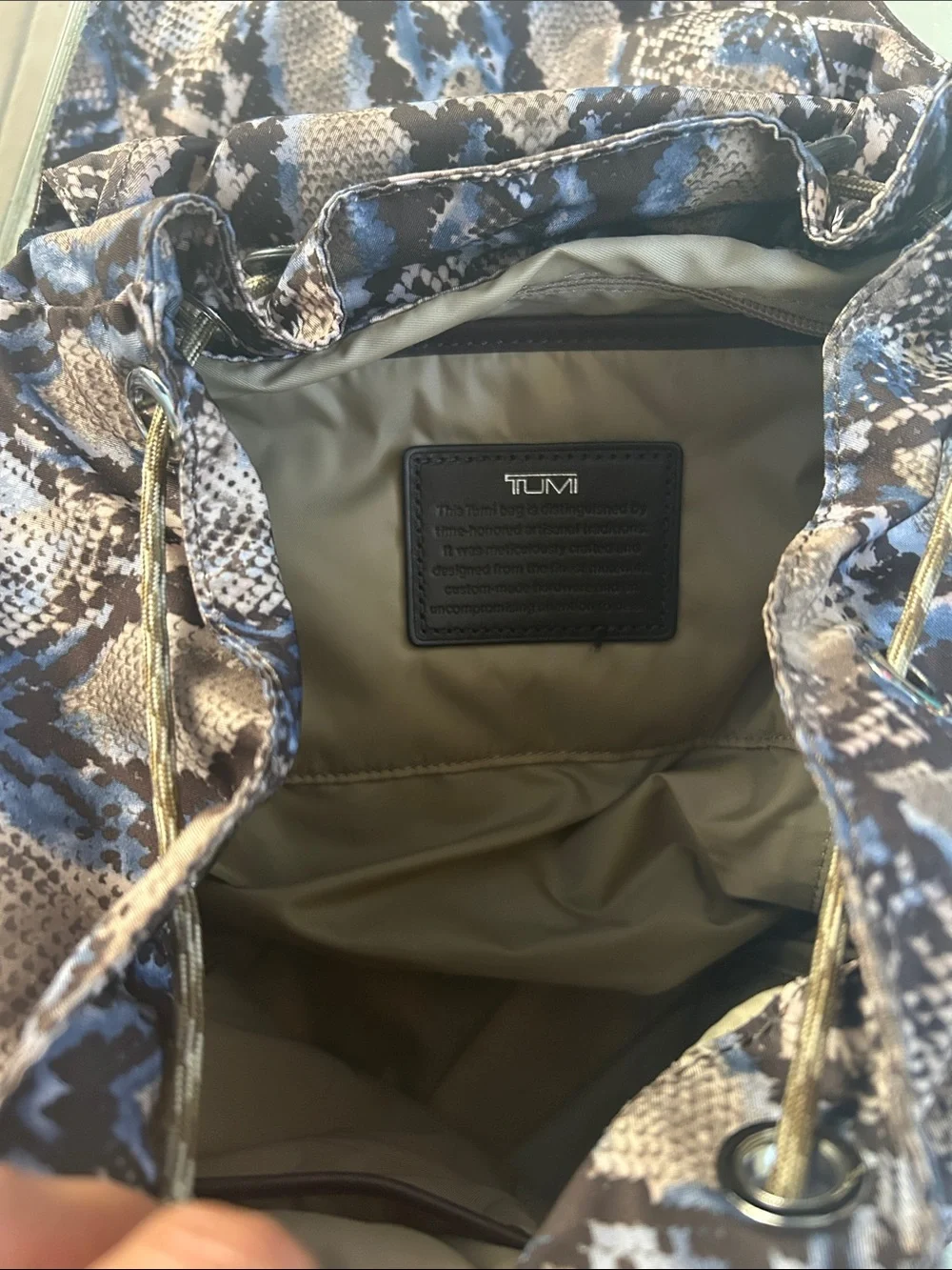 Tumi Snake-Print Backpack in Brown and Blue
